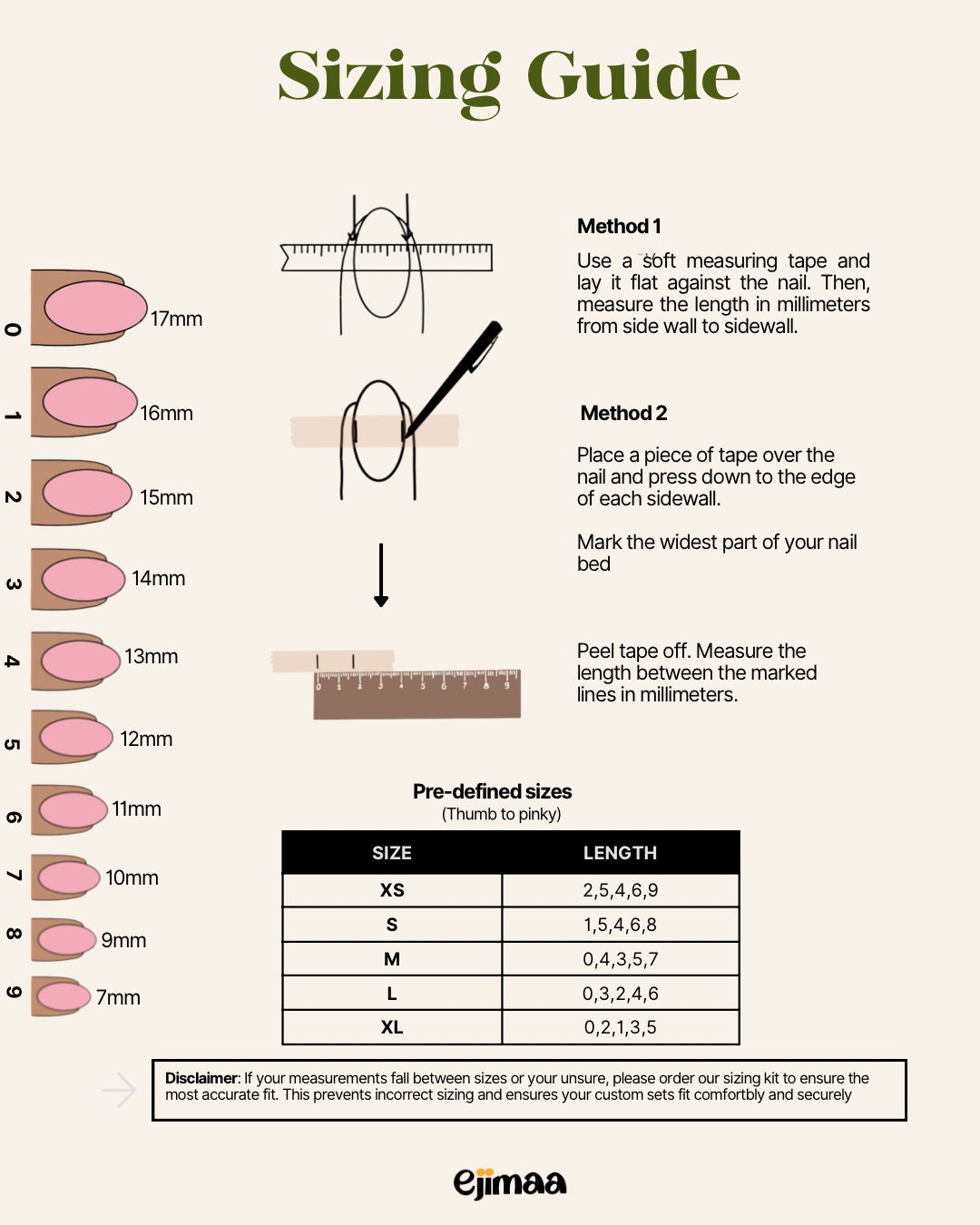 Nail size measurement guide with methods and pre-defined sizes for ejimaa brand. Press on nails El Paso.